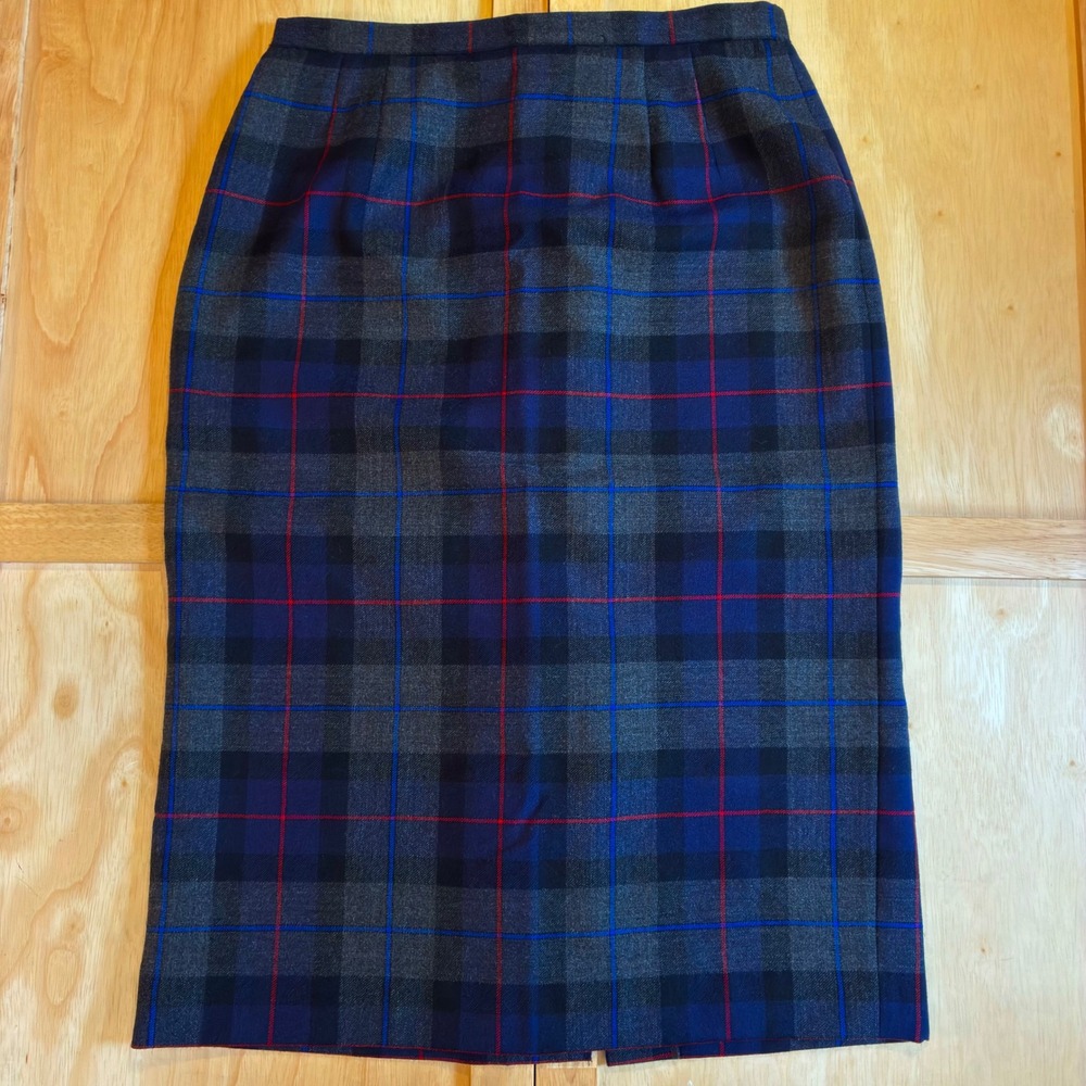 Vintage Talbots Skirt Plaid Wool Blue Grey Midi Pencil Lined Size 12